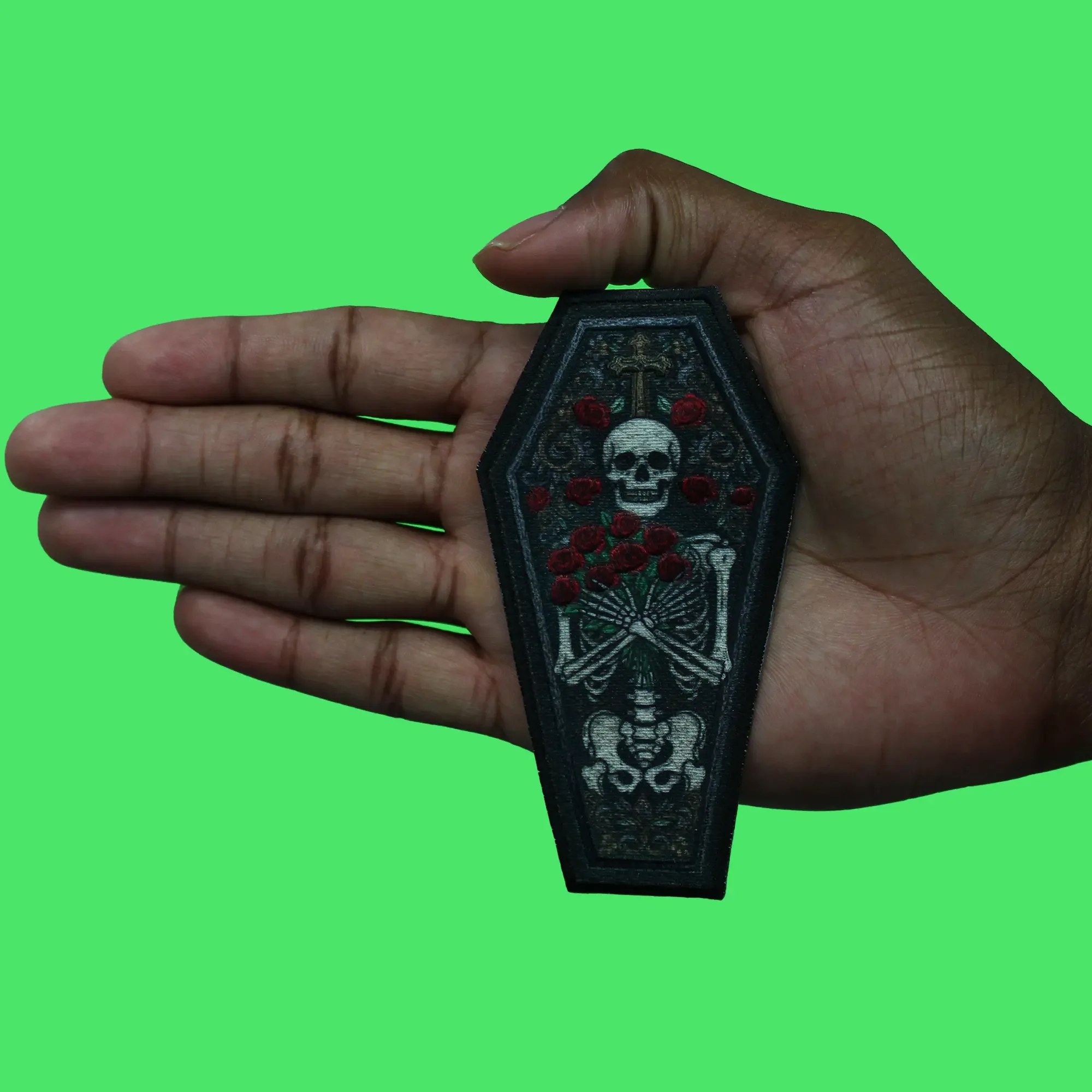 Skeleton Laying in Coffin Patch Roses Bones Body Sublimated Embroidered Iron On - Image 2