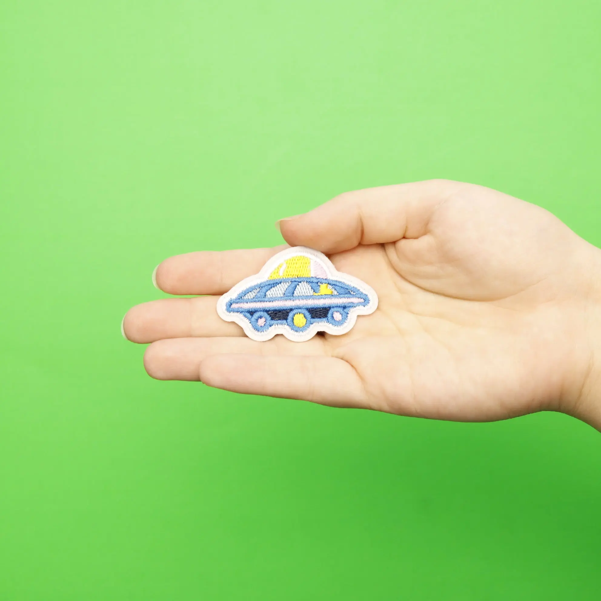 Small Blue UFO Alien Spaceship Embroidered Iron On Patch - Image 2