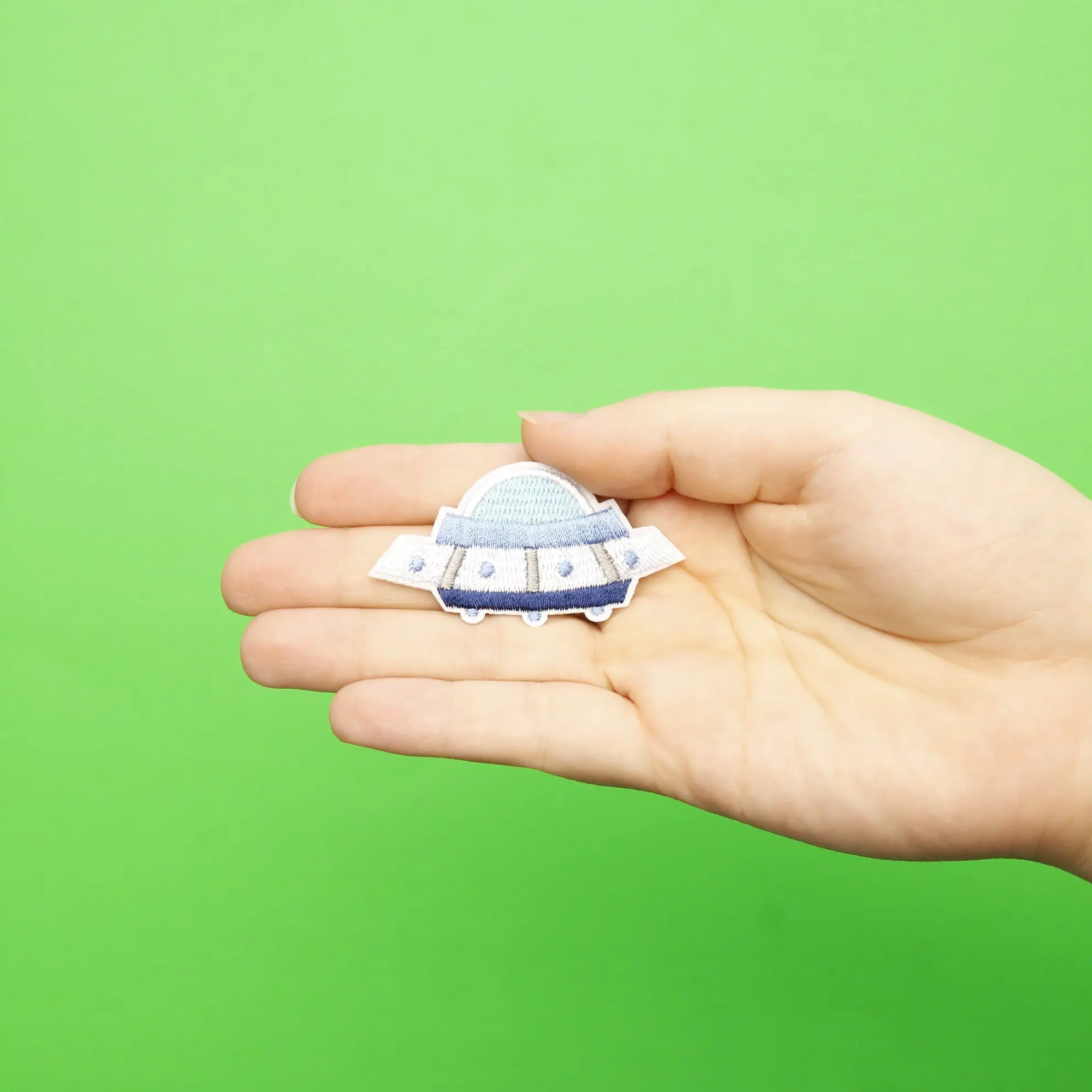 Small Blue UFO Alien Spaceship Embroidered Iron On Patch - Image 2