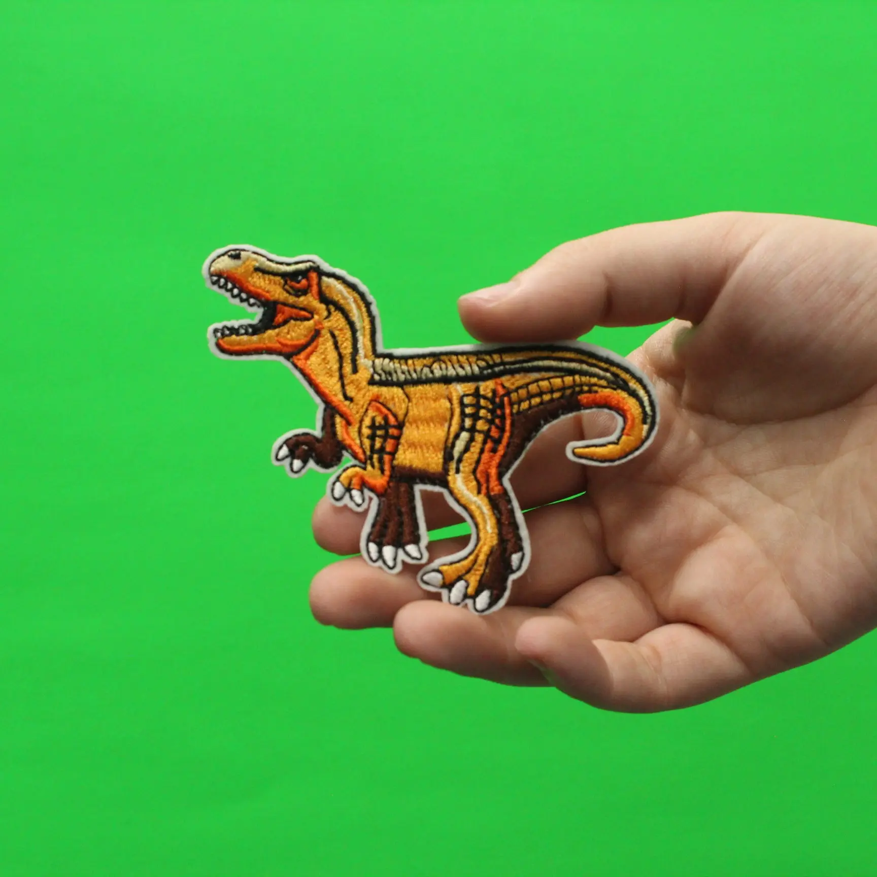 T-Rex Orange And Brown Dinosaur Embroidered Iron On Patch - Image 2