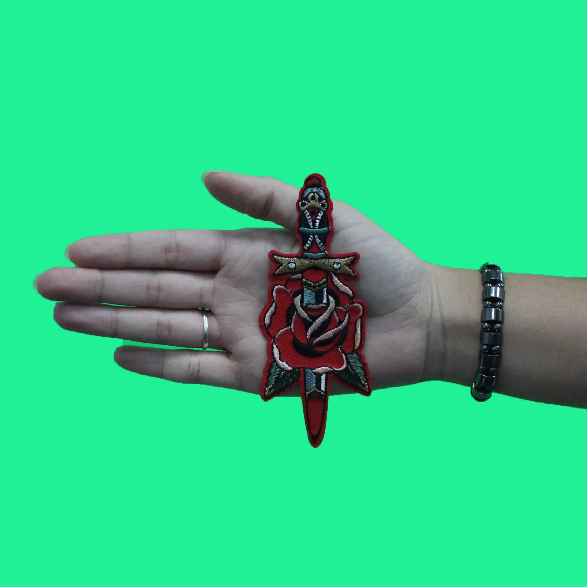 Traditional Rose & Knife Tattoo Patch Flower Art Alternative Embroidered Iron On - Image 2
