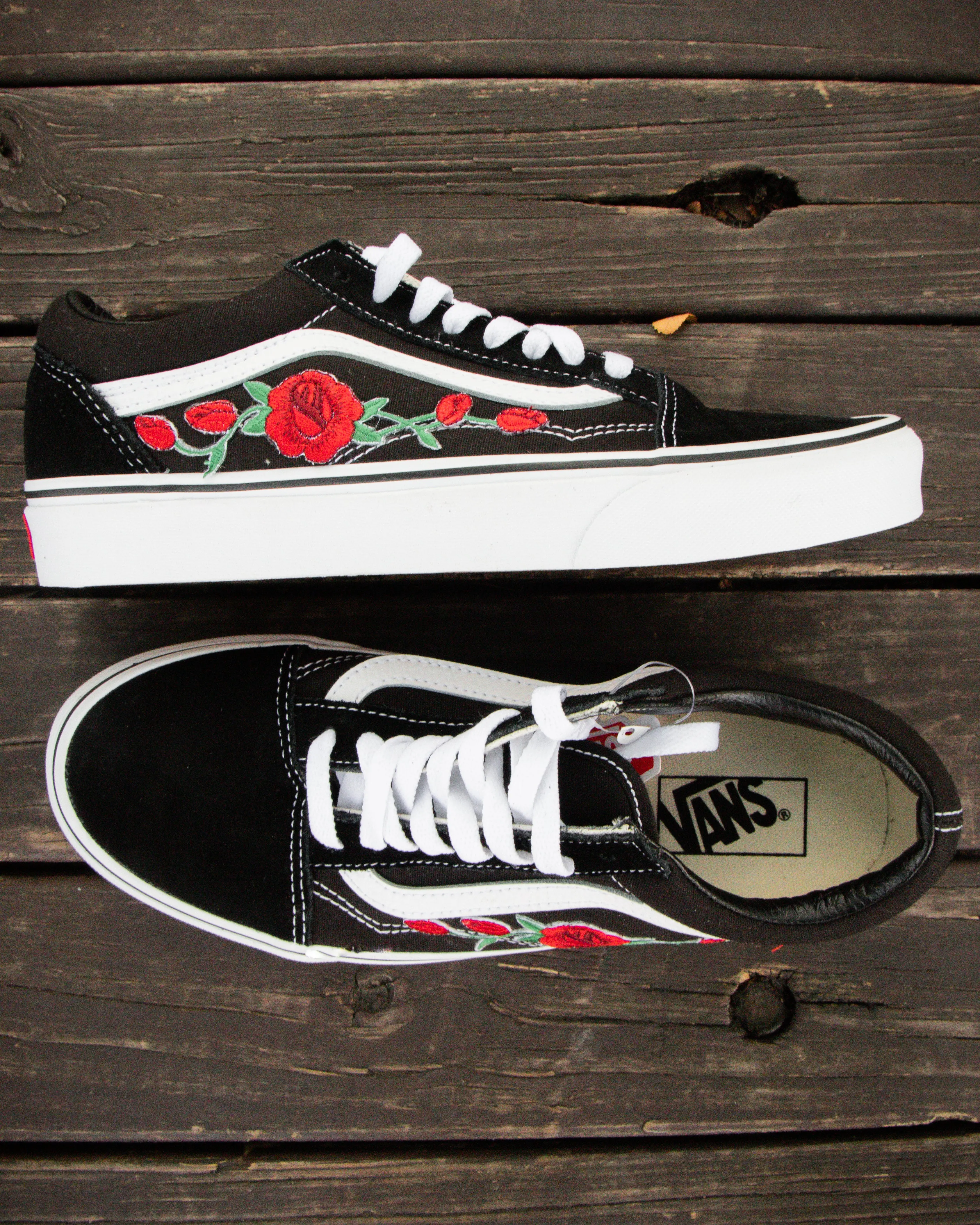 Vans Black Old Skool Red Rose Custom Handmade Shoes By Patch Collection - Image 3