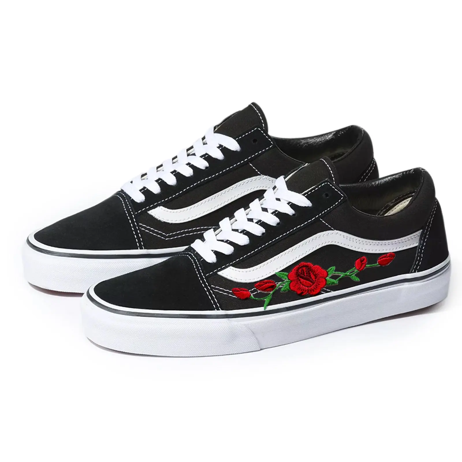 Vans Black Old Skool Red Rose Custom Handmade Shoes By Patch Collection - Image 5