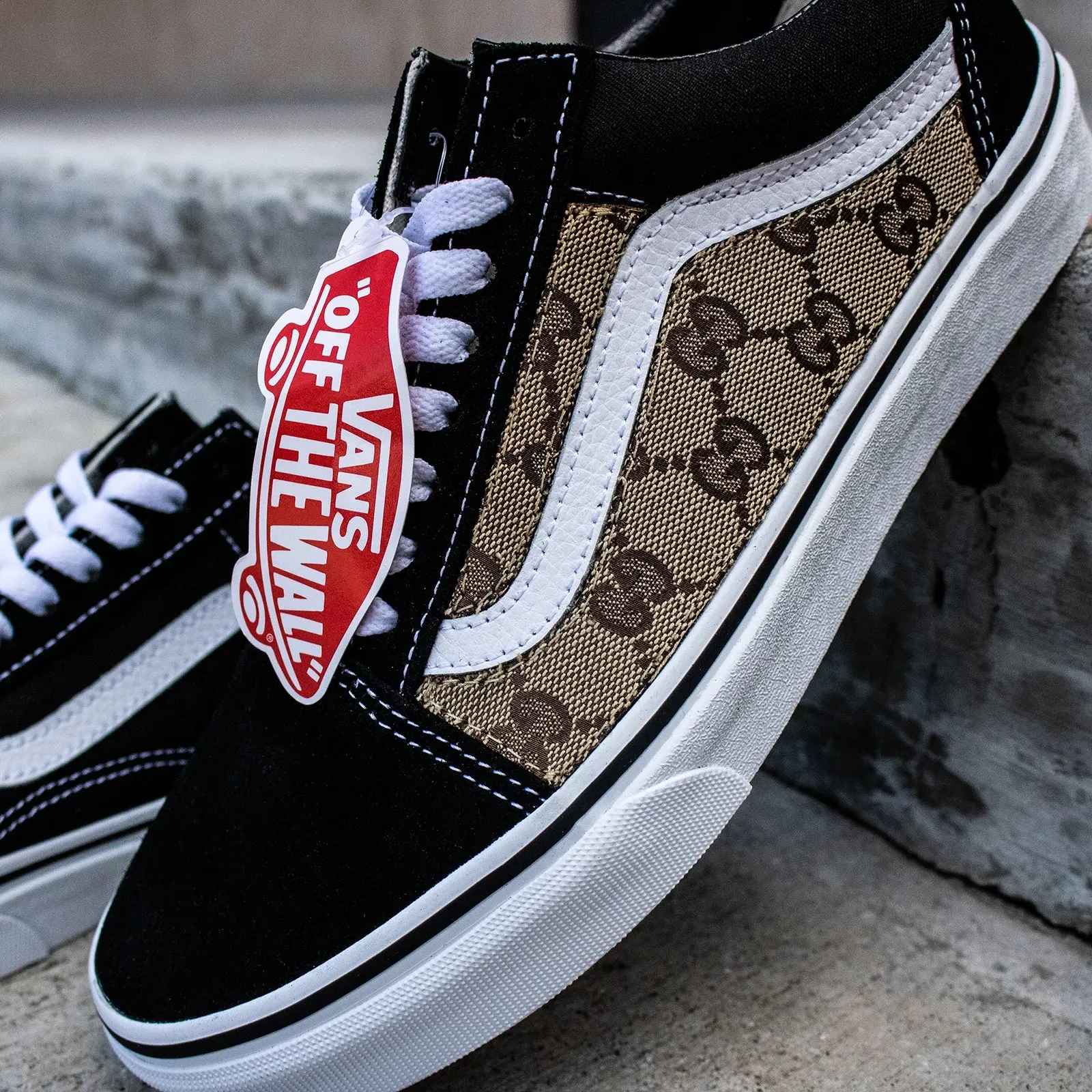 Vans Black Old Skool x Authentic GG Fabric Custom Handmade Shoes By Patch Collection - Image 2