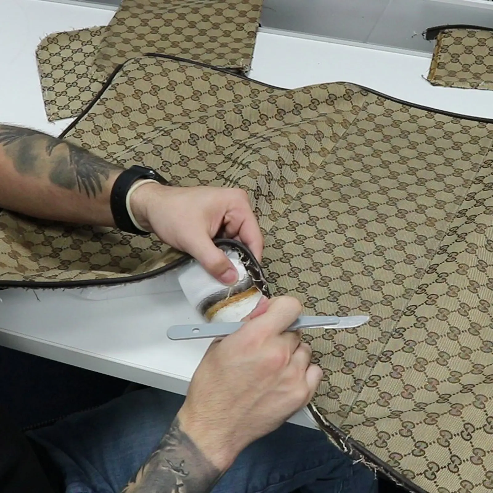Vans Black Old Skool x Authentic GG Fabric Custom Handmade Shoes By Patch Collection - Image 5
