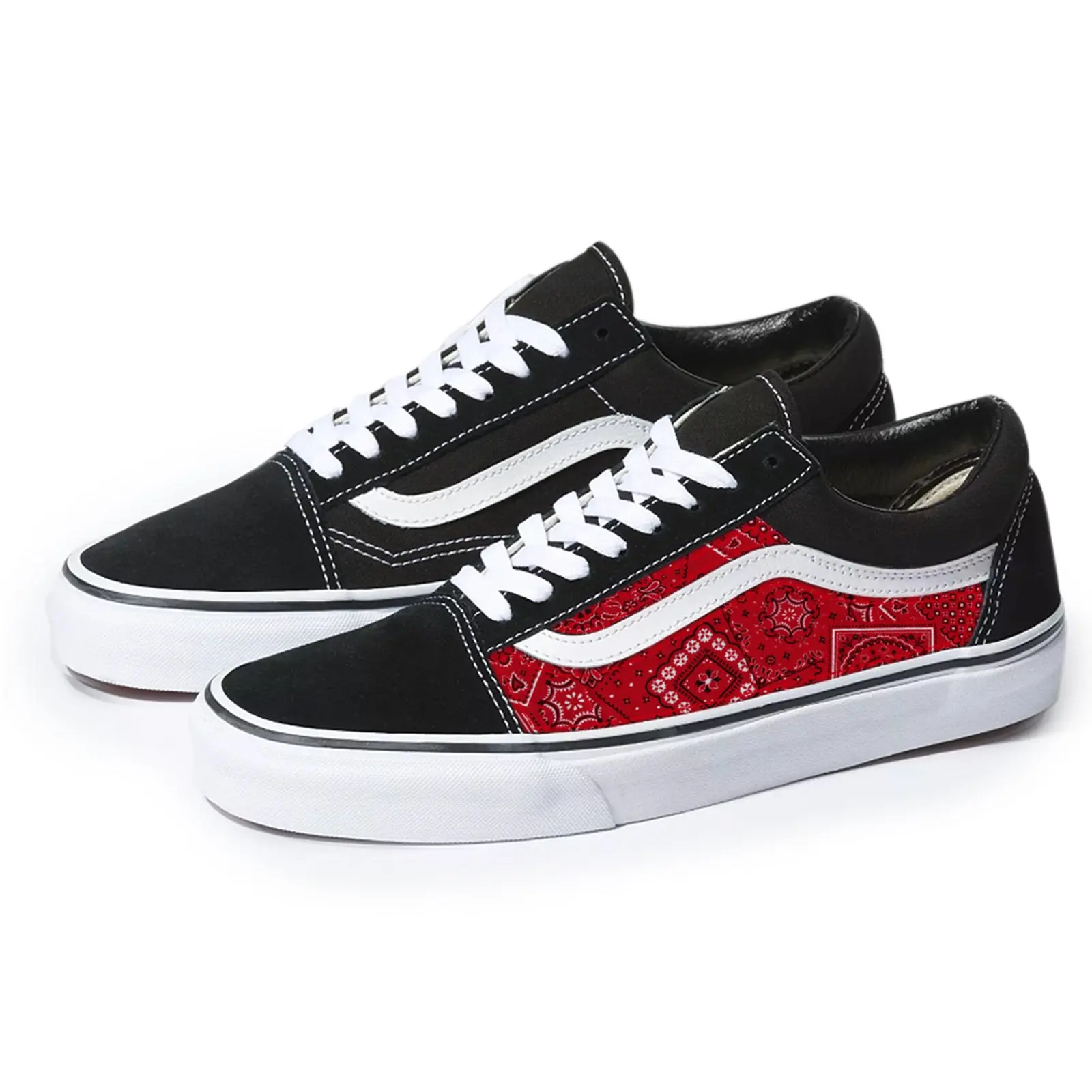 Vans Black Old Skool x Red Bandana Pattern Custom Handmade Shoes By Patch Collection