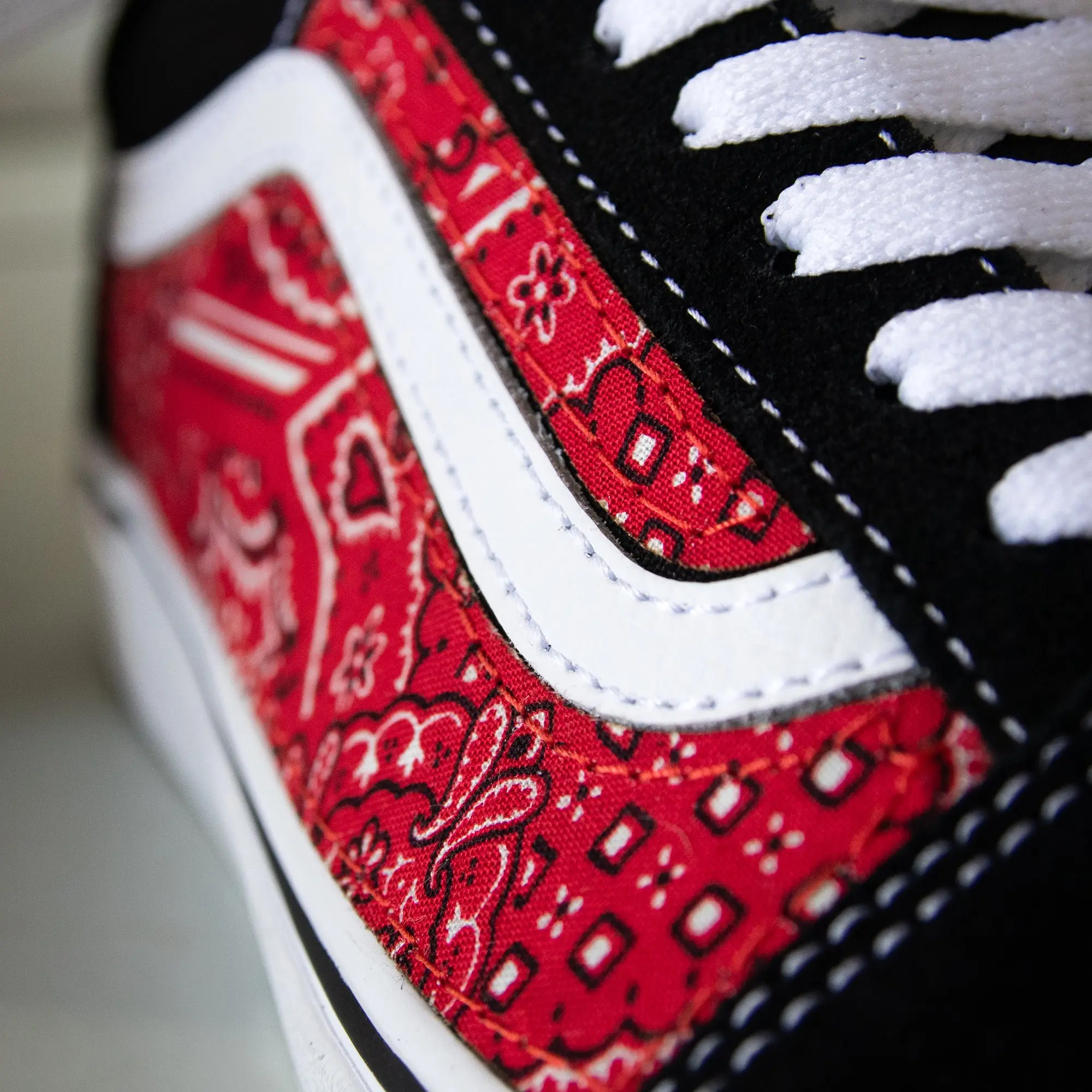 Vans Black Old Skool x Red Bandana Pattern Custom Handmade Shoes By Patch Collection - Image 3