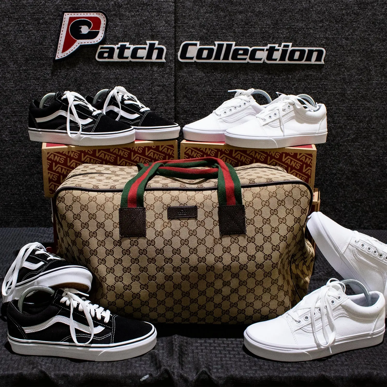 Vans White Old Skool x Authentic GG Fabric Custom Handmade Shoes By Patch Collection - Image 3