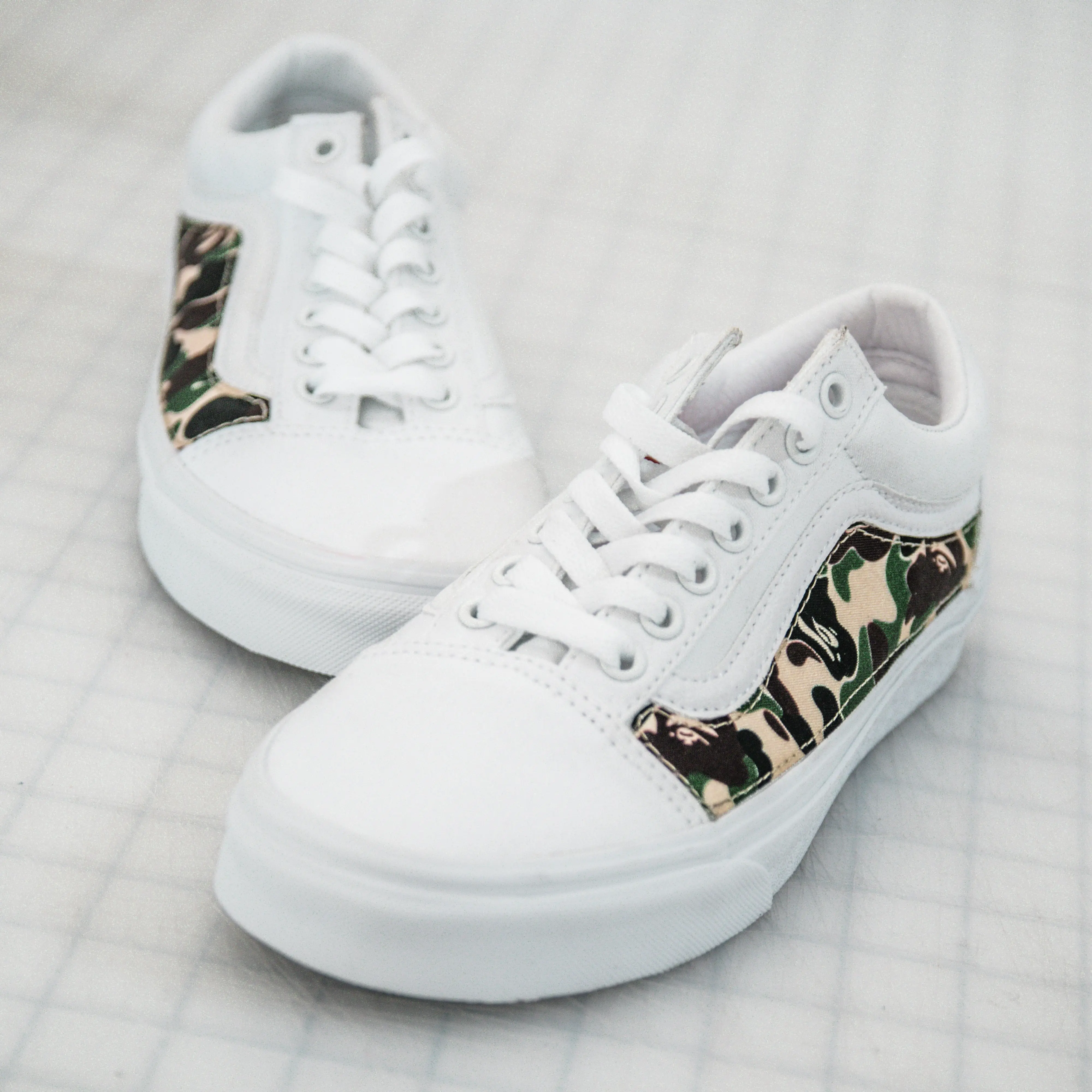 Vans White Old Skool x Ape Camo Custom Handmade Shoes By Patch Collection - Image 3