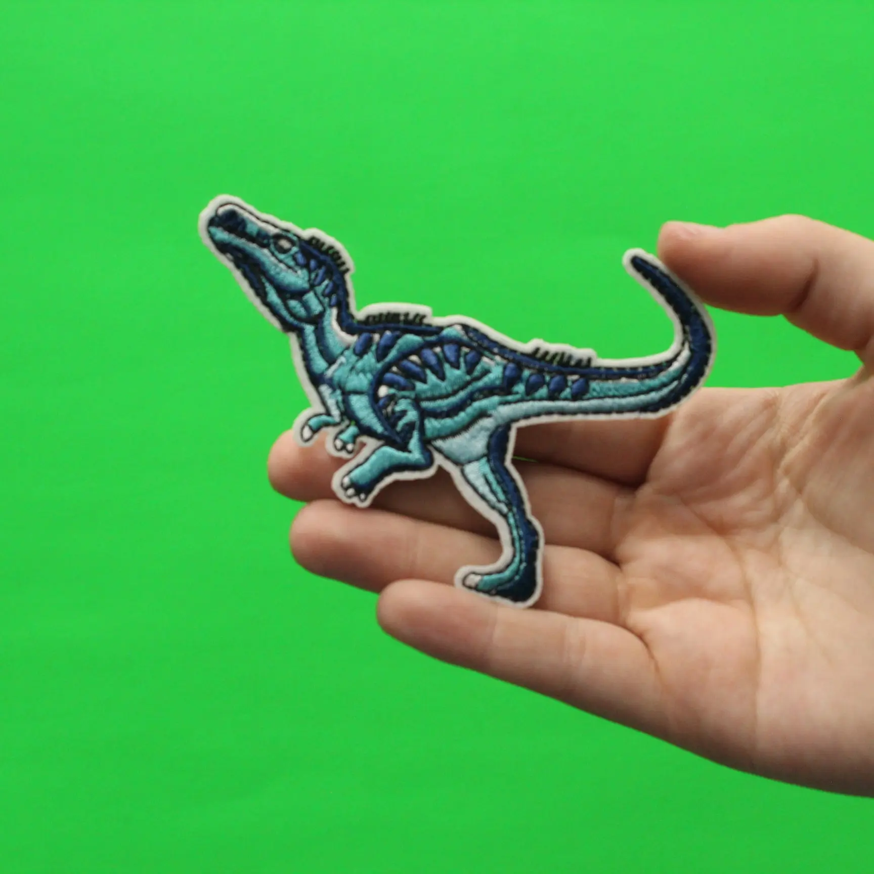 Velociraptor With Shades Of Blue Dinosaur Embroidered Iron on Patch - Image 2