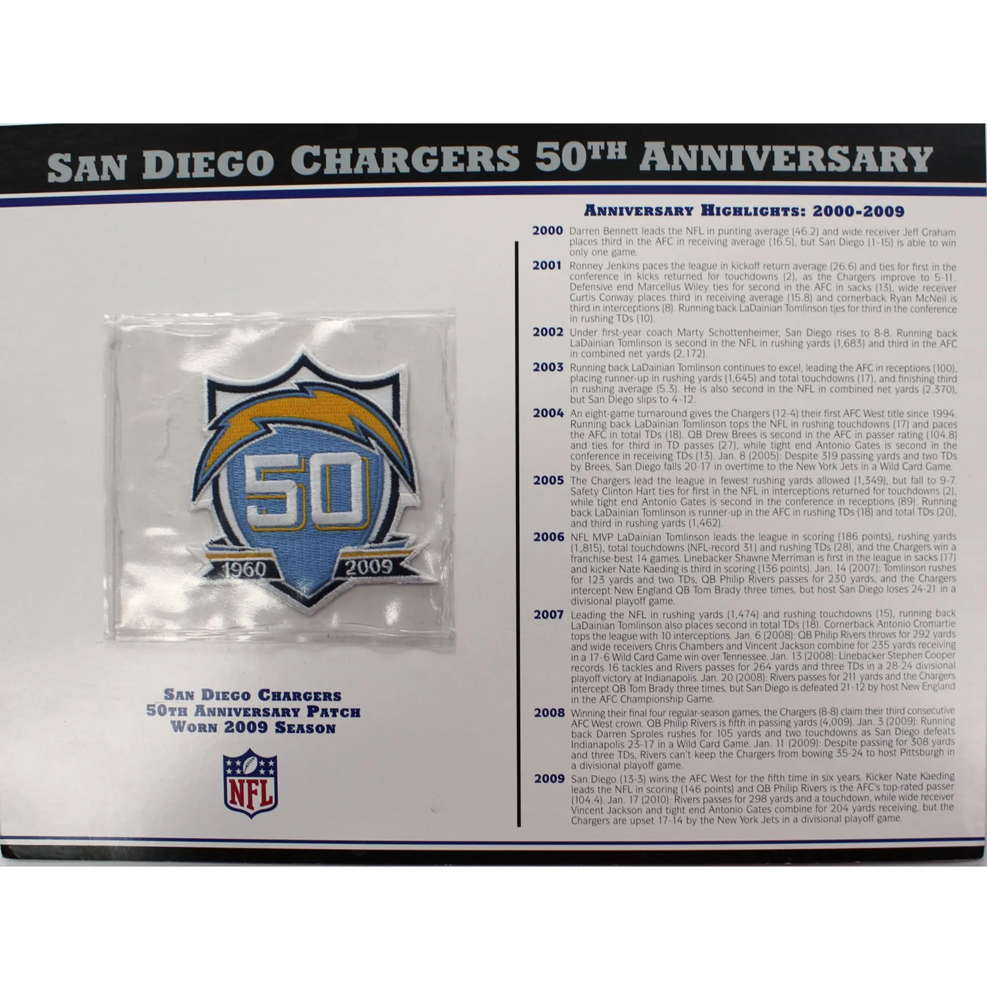 San Diego Chargers 50th Anniversary Willabee & Ward Patch With Stat Card