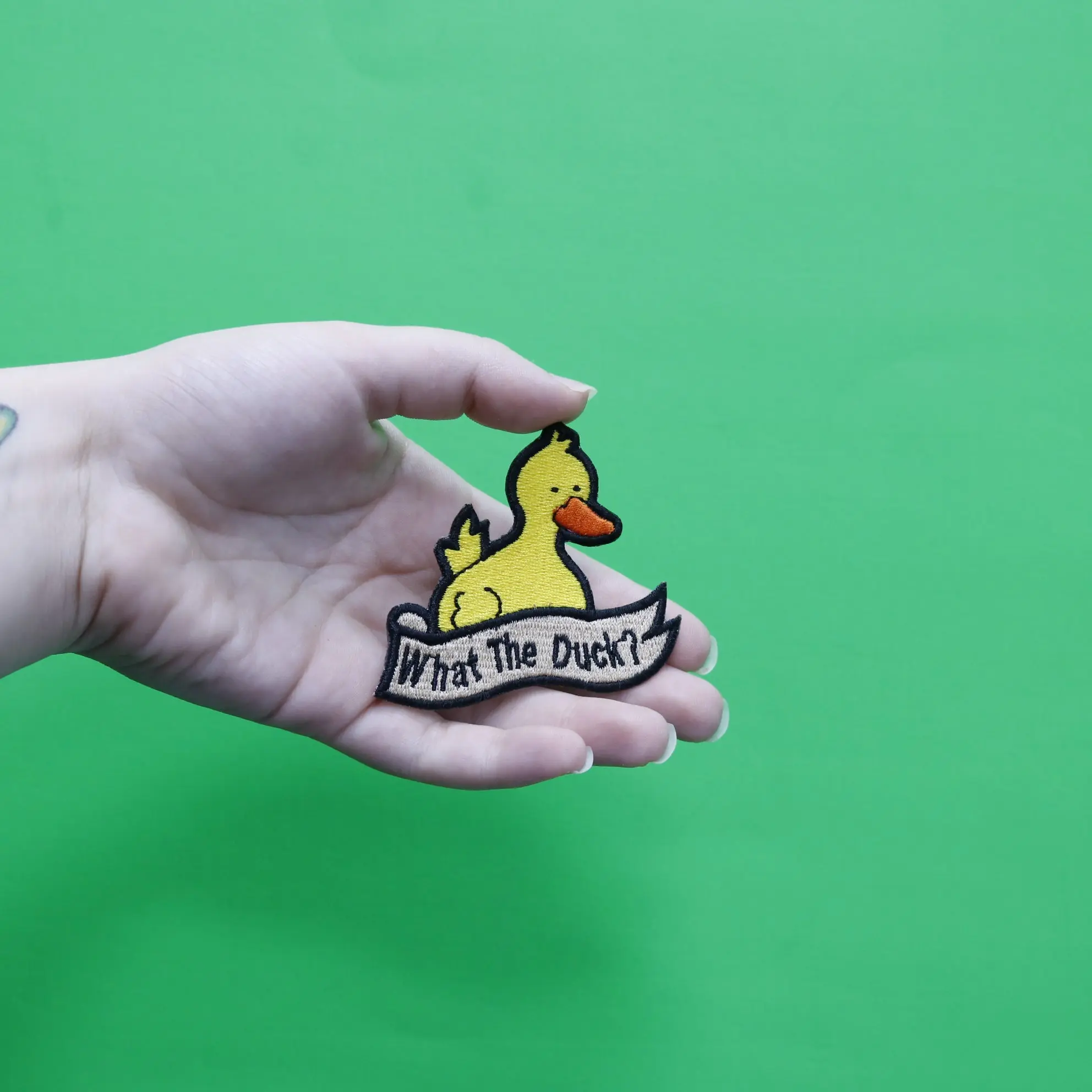 Yellow Duck "What The Duck?" Embroidered Iron On Patch - Image 2