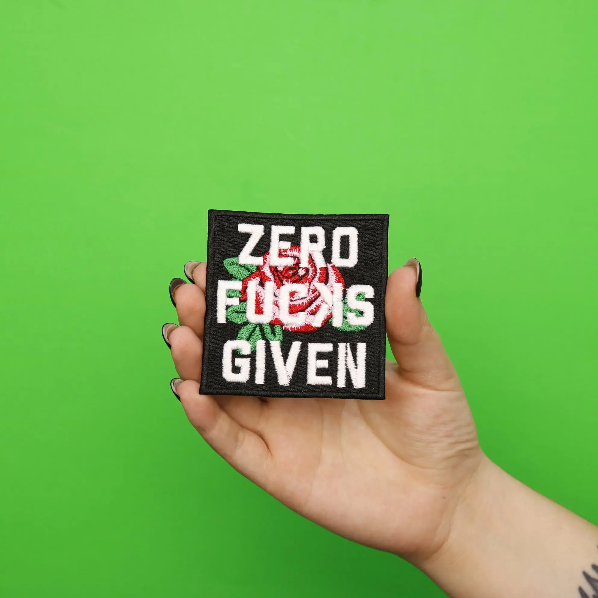 Zero F**ks Given With Rose Iron On Embroidered Patch - Image 2